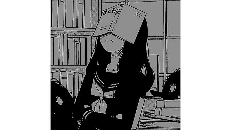 desenho em preto e branco de uma menina em uma livraria com um livro cobrindo o rosto