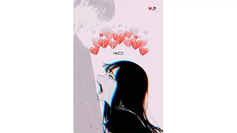 desenho de uma personagem de anime chorando com um símbolo de bateria com 1% em cima de sua cabeça e vários corações partidos em volta