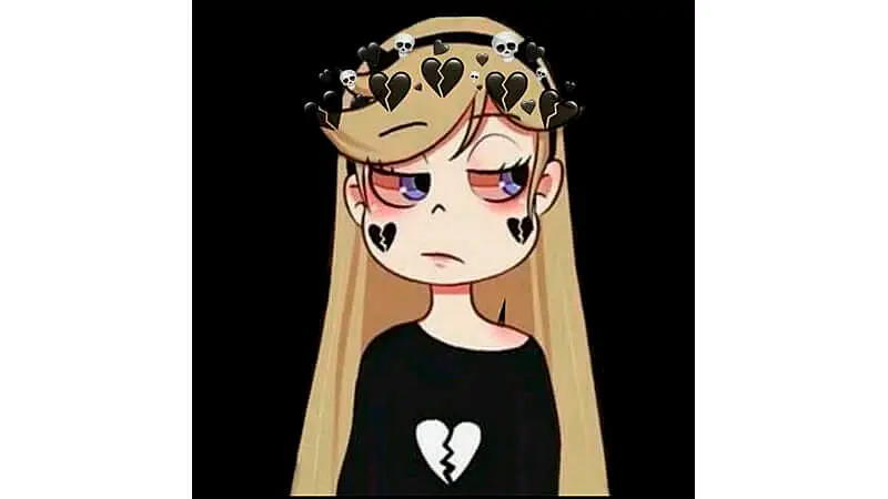 desenho de uma personagem loira triste vestindo uma camiseta com um coração partido e vários corações partidos e caveiras ao redor da cabeça