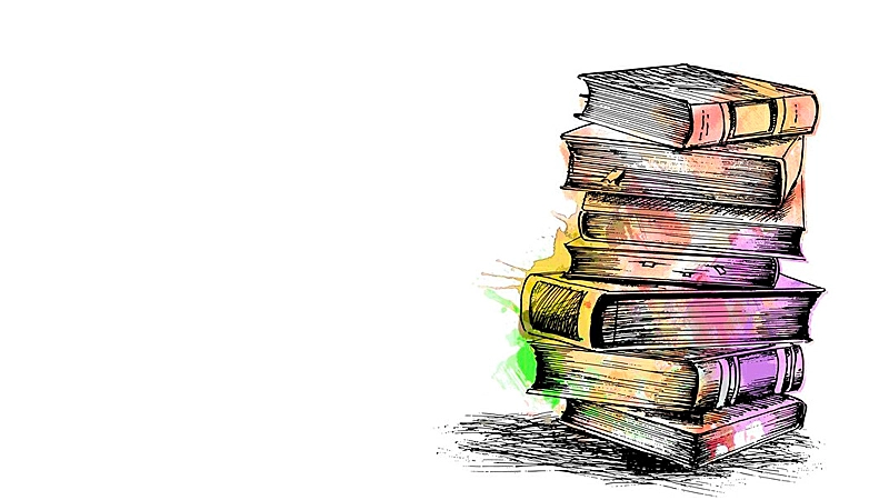 Ilustração de um livro aberto e uma pessoa sentado