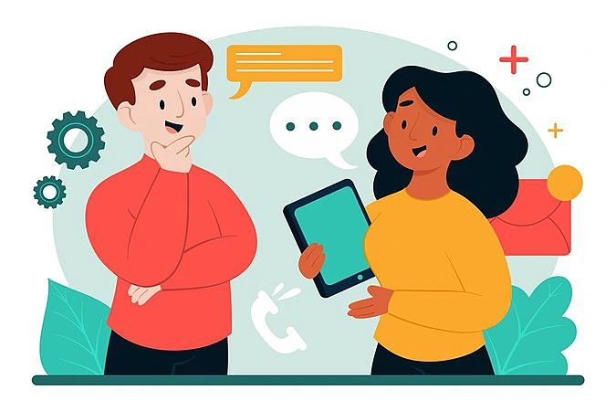 imagem de uma mulher usando um tablet falando com um cliente