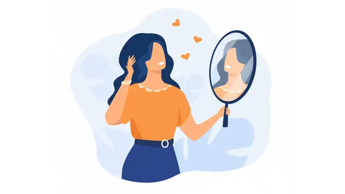 Ilustración de una mujer feliz mirándose en el espejo