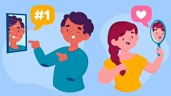 Ilustración de alta autoestima: un niño y una niña mirándose en el espejo y sintiéndose bien