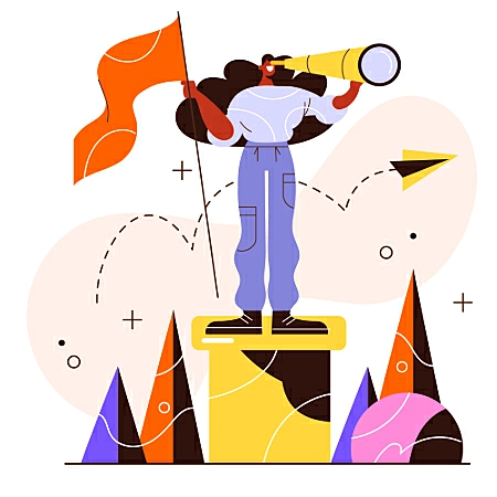 Ilustração de uma mulher segurando uma bandeira e uma luneta em cima de um lugar alto