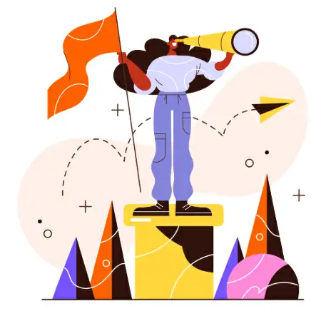 Ilustração de uma mulher segurando uma bandeira e uma luneta em cima de um lugar alto