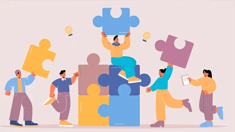 Ilustração de 3 pessoas se ajudando carregando caixas