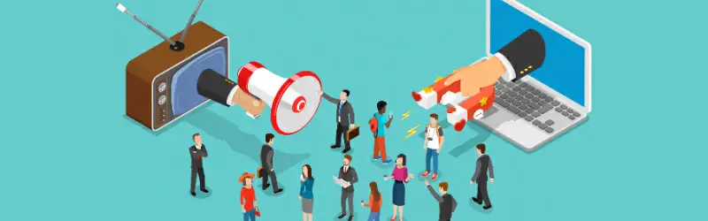 Ilustração com um megafone saindo da TV e um imã do notebook e varias pessoas ao centro