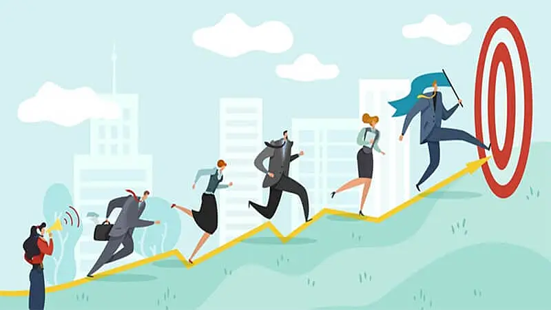 Ilustração de pessoas subindo em direção a um alvo