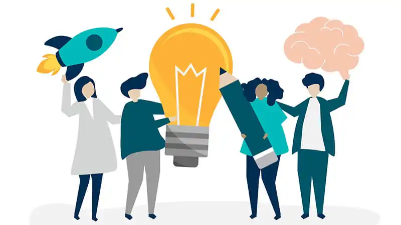 Frases de motivação Imagem de pessoas segurando elementos como lápis, foguete