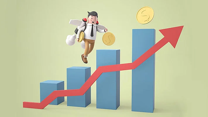 Imagen 3D de un empleado saltando en un gráfico