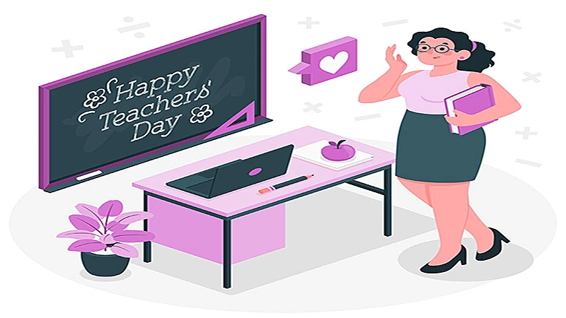 ilustração de uma professora ao lado de uma mesa