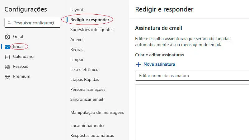 captura de tela da caixa de entrada do Outlook ensinando como acessar as configurações de assinatura de e-mail