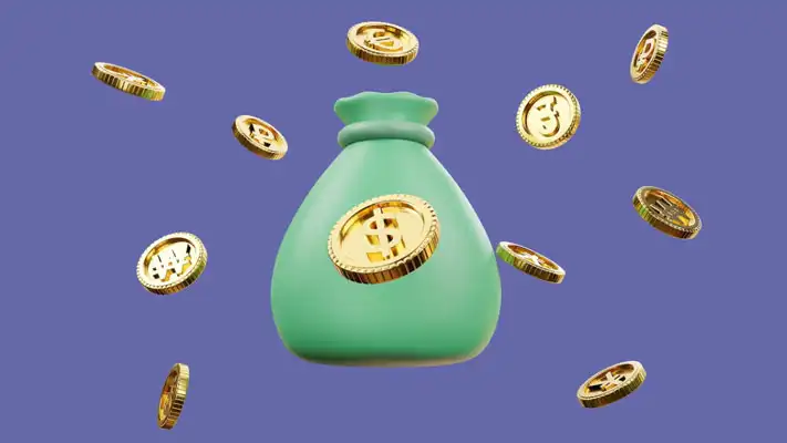 ilustración 3D de un bolso de dinero con monedas alrededor