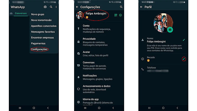sequência de imagens que mostra como adicionar frases para colocar no recado do whatsapp