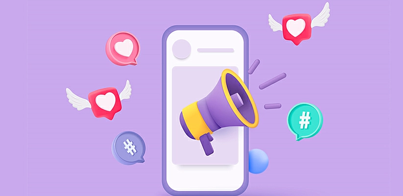 Ilustração de um megafone e vários posts do Instagram