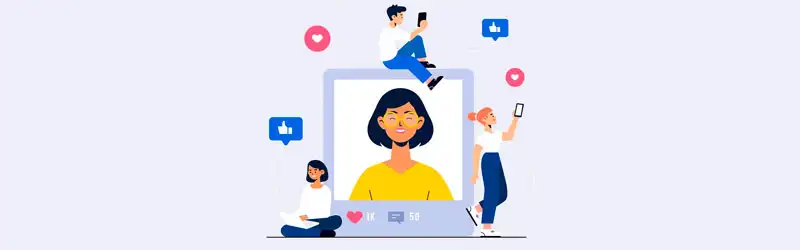 Ilustração de 3 pessoas com celular e uma foto de um feed de rede social