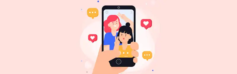 Ilustração de um celular e uma foto de duas mulheres