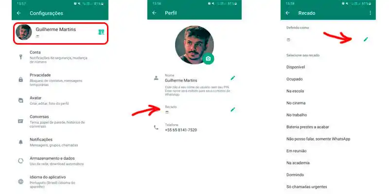 guia passo a passo de como colocar frase na bio do WhatsApp
