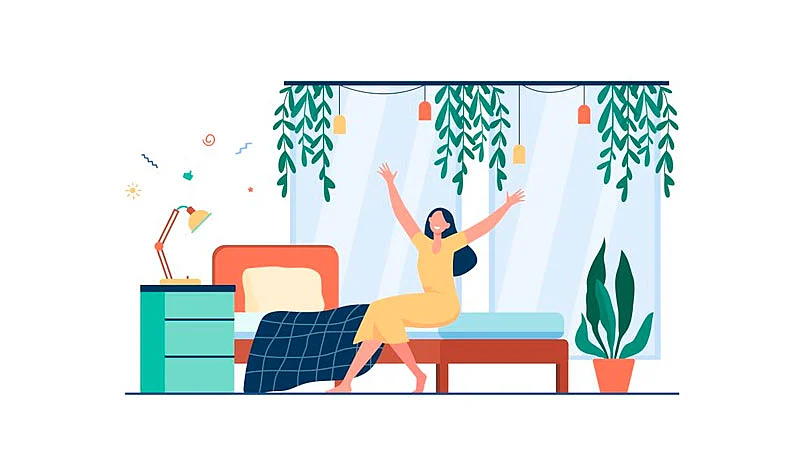 Pessoa acordando feliz em seu quarto
