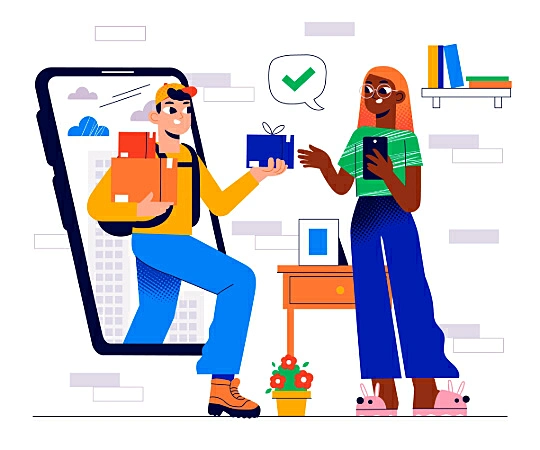 Imagem de um entregador saindo de um celular segurando 3 caixas entregando uma caixa para uma mulher segurando um celular