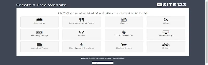Site 123 webpage where it shows its website categories
