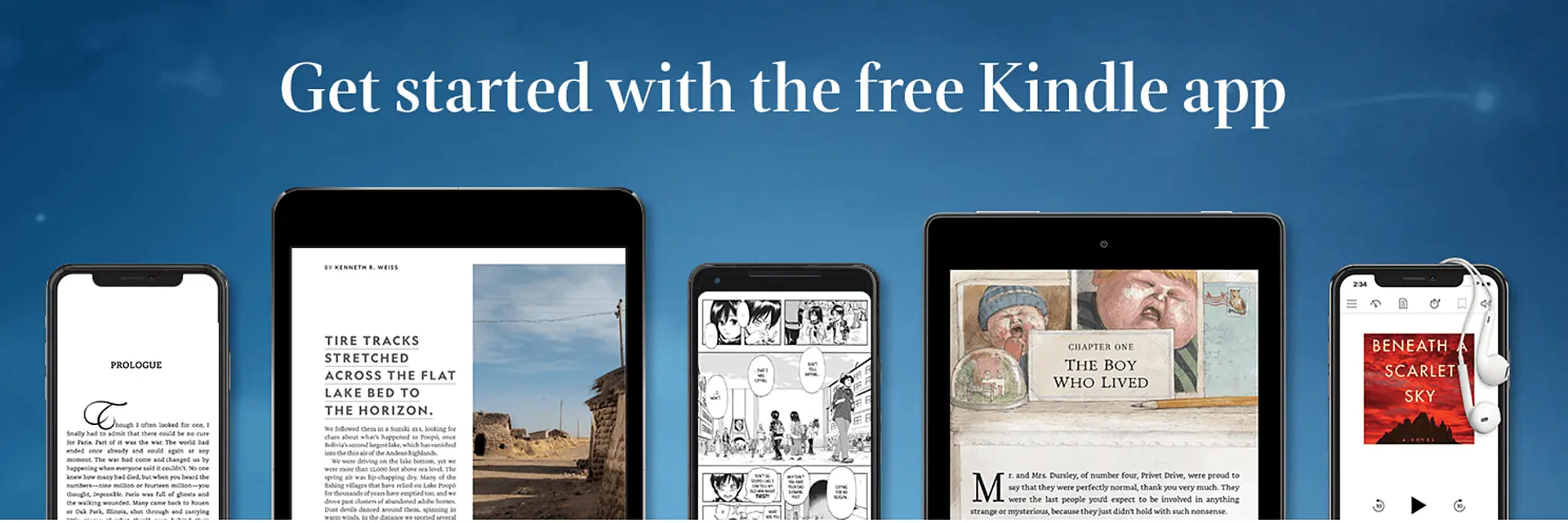The image shows Kindle app opened on different devices, and it's written "Get started with the free Kindle app".