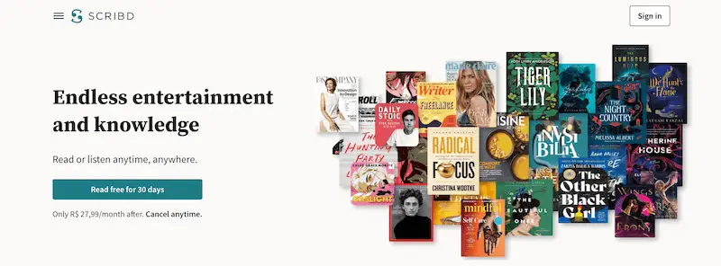 Scribd home page where it's written "Endless entertainment and knowledge".