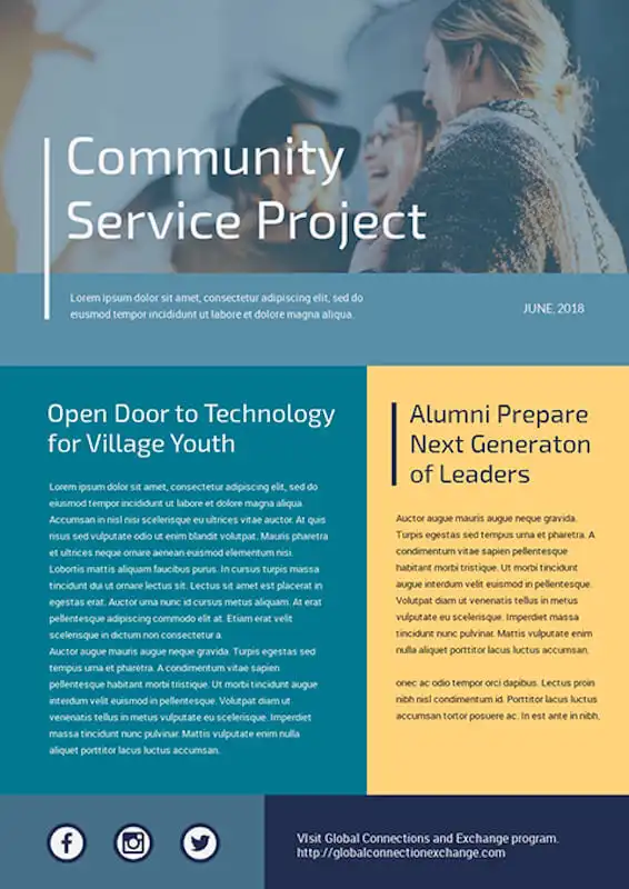 Free newsletter templates - community service The image shows a newsletter of a community project, on the top of the image there is a picture of 3 women smiling.