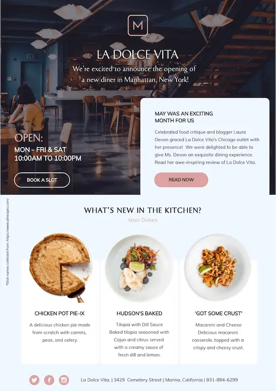 Free newsletter templates - dolce vita The image shows a restaurant, and below it shows a chicken pie, and two other dishes.
