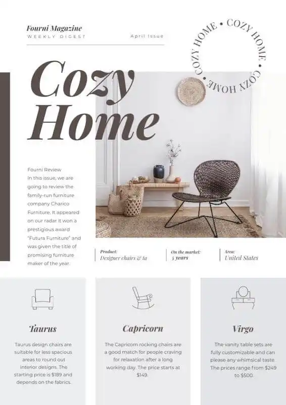 Free newsletter templates - cozy home The image shows a room with a chair and a table with vases on it.