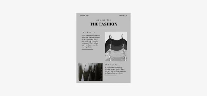Free newsletter templates -fashion On the top of the image it's written "Fashion", then there are two images of tops, and two texts on their sides.
