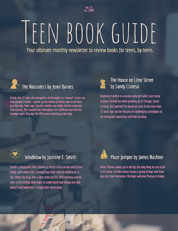 The image is a newsletter with the title "Teen Book Guide"