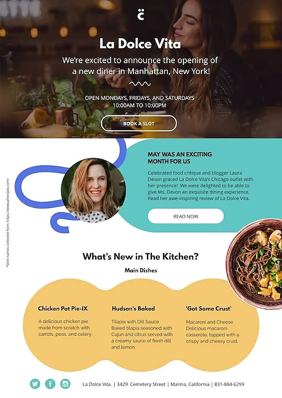 The Image is a newsletter, along with the texts it shows a wiman eating, another woman smiling and a plate of food.