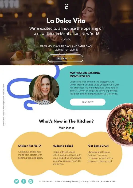Free newsletter templates - creative The Image is a newsletter, along with the texts it shows a wiman eating, another woman smiling and a plate of food.