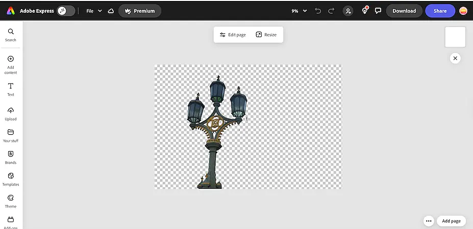 A decorative street lamp with three blue lanterns isolated on a transparent background in Adobe Express's background remover workspace.