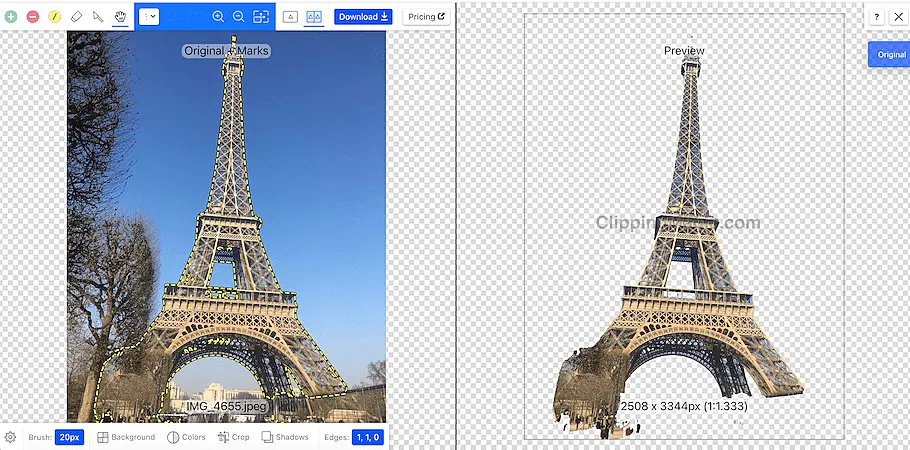 Clipping Magic interface showing the Eiffel Tower photo on the left with cutout marks and a preview on the right with the background removed.