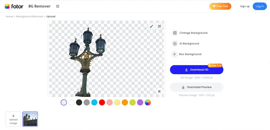 Fotor background remover displaying a detailed street lamp cut out on a transparent background with editing options on the right.