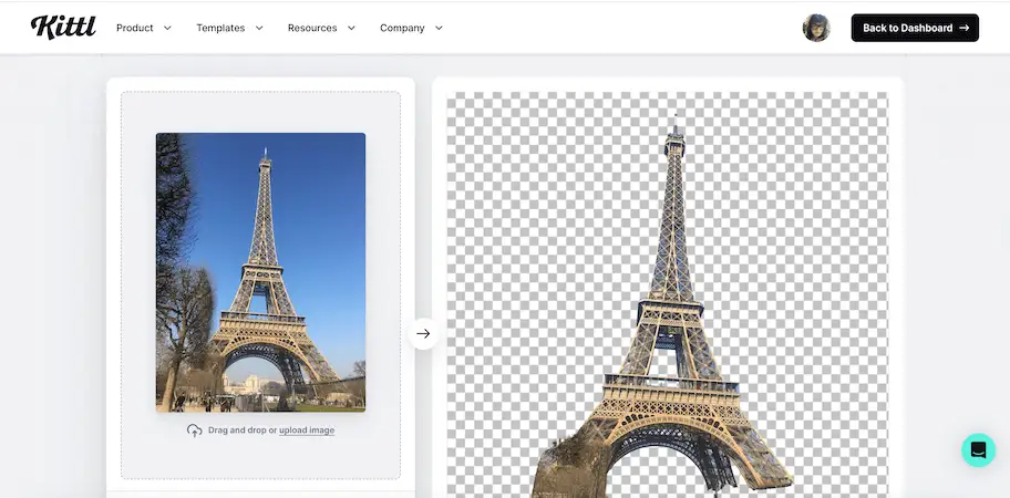 Kittl’s background remover showing the Eiffel Tower photo on the left and the isolated cutout on a transparent background on the right.