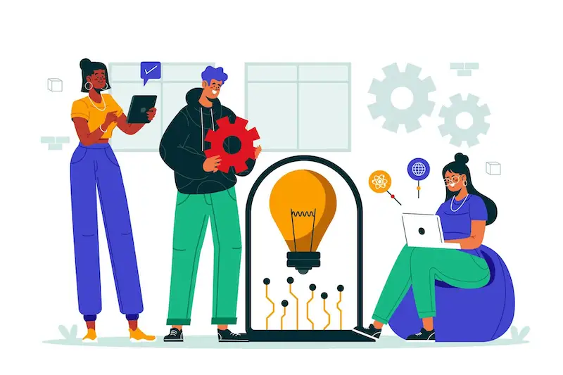 The imge shows 2 women and 1 men. One woman is holding a tablet, and the other one is holding one using a laptop. The man is holding an engine.