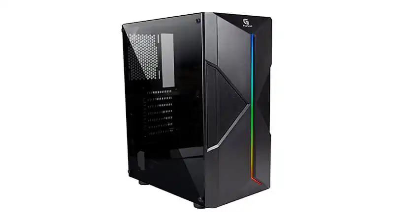 Gabinete Gamer Fortrek imagem de um gabinete gamer Fortrek HOLT na cor preta com iluminação RGB