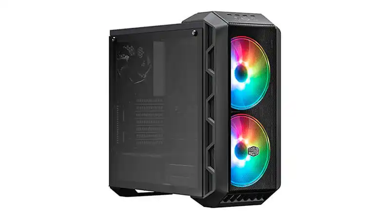 Gabinete Gamer Cooler Master imagem de um gabinete gamer Cooler Master na cor preta com duas ventoinhas e iluminação RGB