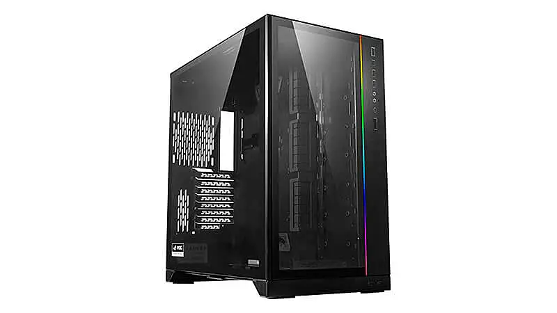 imagem de um gabinete gamer Lian Li Dynamic na cor preta com iluminação RGB