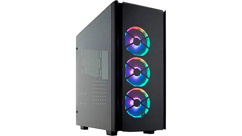 imagem de um gabinete gamer Corsair Obsidian na cor preta com três ventoinhas e iluminação RGB