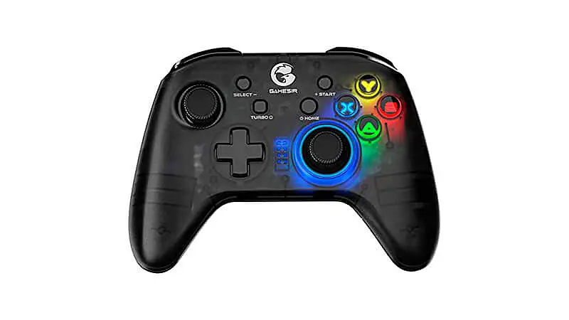 imagem de um gampad T4Pro com estrutura semi-transparente na cor preta e LED coloridos nos botões