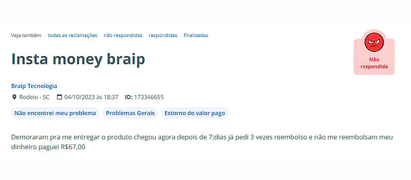 Comentário reclamando que não teve seu dinheiro reembolsado do aplicativo para ganhar dinheiro curtindo fotos