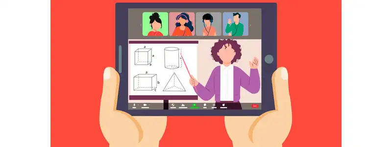 8 mão segurando tablet com professora dando aula, ideia de como ganhar dinheiro em casa ensinando online