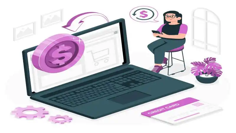 Ilustração de um notebook e uma mulher sentada em um banco usando celular