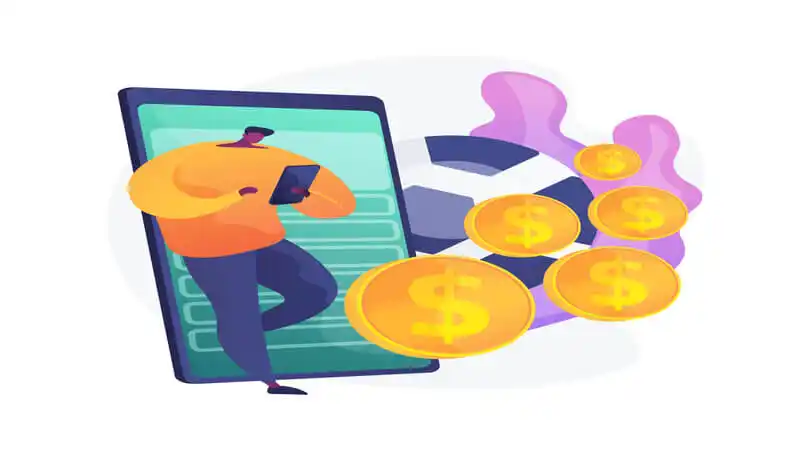 Imagem de um homem usando um celular e várias moedas de ouro