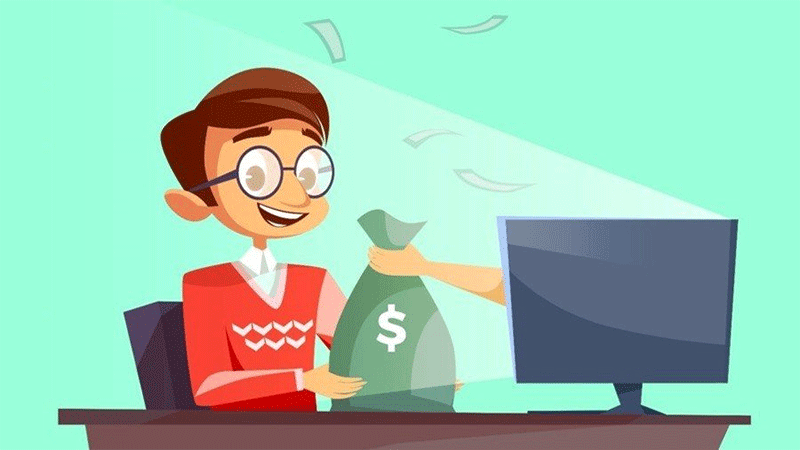 Ilustração de um homem de óculos recebendo um saco de dinheiro de uma mão saindo da tela do computador.