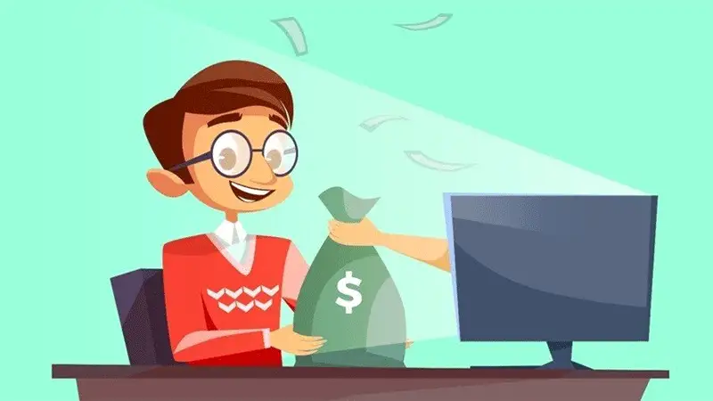 Ilustração de um homem de óculos recebendo um saco de dinheiro de uma mão saindo da tela do computador.